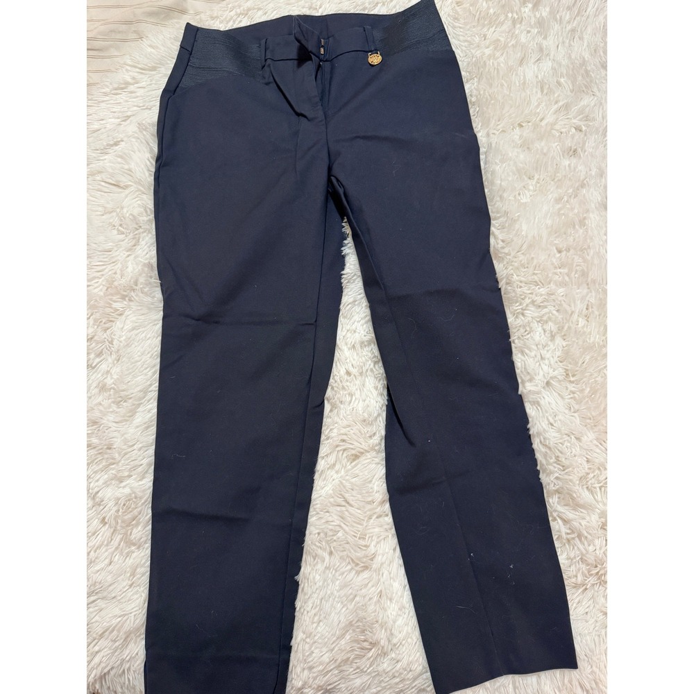 Anne Klein Navy Blue Straight Leg Dress Pants Elastic Waist Lion Logo Womens 8P